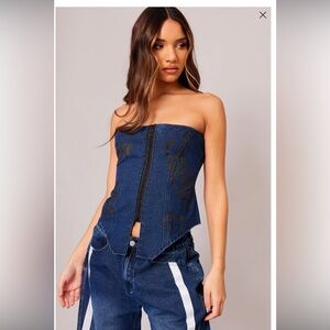 NWT PLT graphic hook and eye Bandeau  denim top